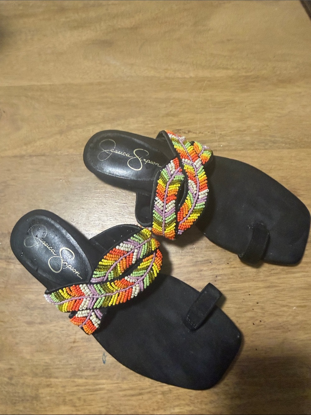 Jessica Simpson Black Slide Sandals with Multicolor Beaded Braided Strap